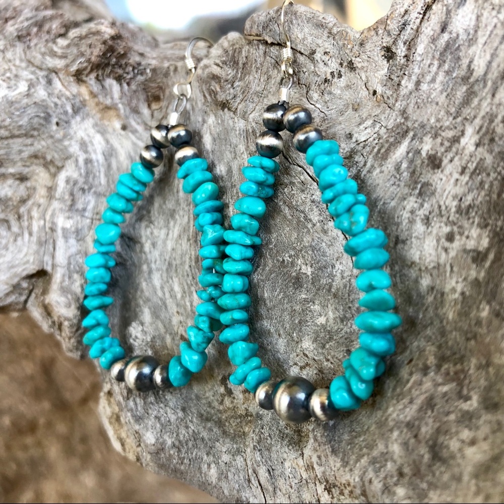 Turquoise and Silver Beaded Hoop Earrings